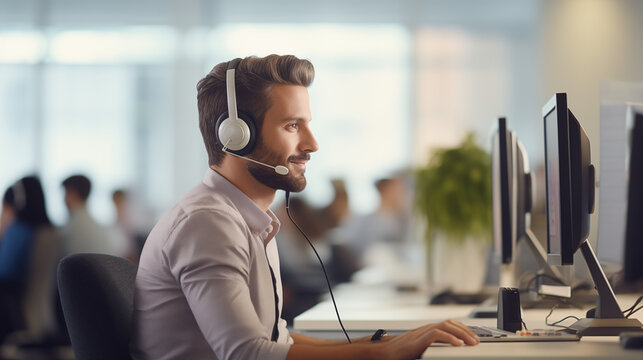 a bustling call center office, a dedicated male operator wears a headset while working on his computer. With a focused expression