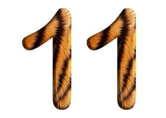 The shape of the number 11 is made of tiger fur or tiger skin isolated on transparent background. suitable for birthday, anniversary and memorial day templates