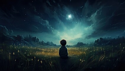 Under the canopy of stars, a child's hopeful gaze reflects the dreams and aspirations that illuminate the night.
