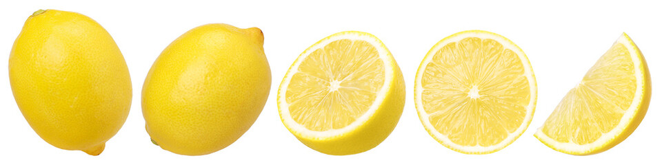 lemon fruit, slice and half isolated, Fresh and Juicy Lemon, transparent png, PNG format - obrazy, fototapety, plakaty
