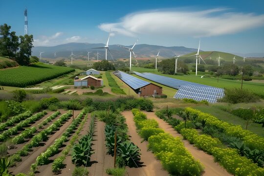 Agricultural farm doubles as a renewable energy site with wind turbines and solar panels, promoting dual-purpose land use strategy.
