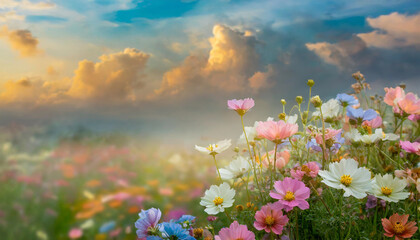 Beautiful colorful flowers with pastel sky and clouds background, Idyllic Meadow landscape 
