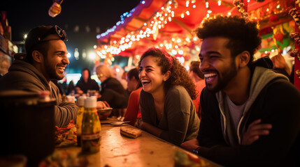 a vibrant street food truck market, a group of multiracial friends come together to enjoy a night of culinary adventures, their laughter and excitement