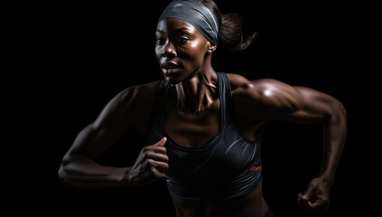 Fototapeta na wymiar A strong female sprinter runs with intensity against a black background.