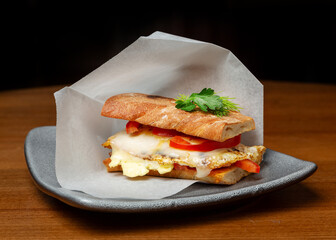 Sandwich with cheese, egg and tomato in a plate.