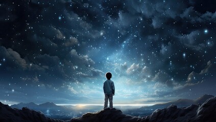In the quiet of the night, a child looks up at the stars, symbolizing the endless possibilities and aspirations of childhood