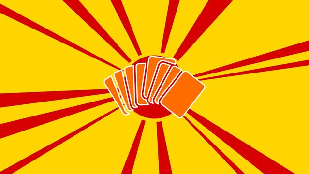 Playing cards symbol on the background of animation from moving rays of the sun. Large orange symbol increases slightly. Seamless looped 4k animation on yellow background
