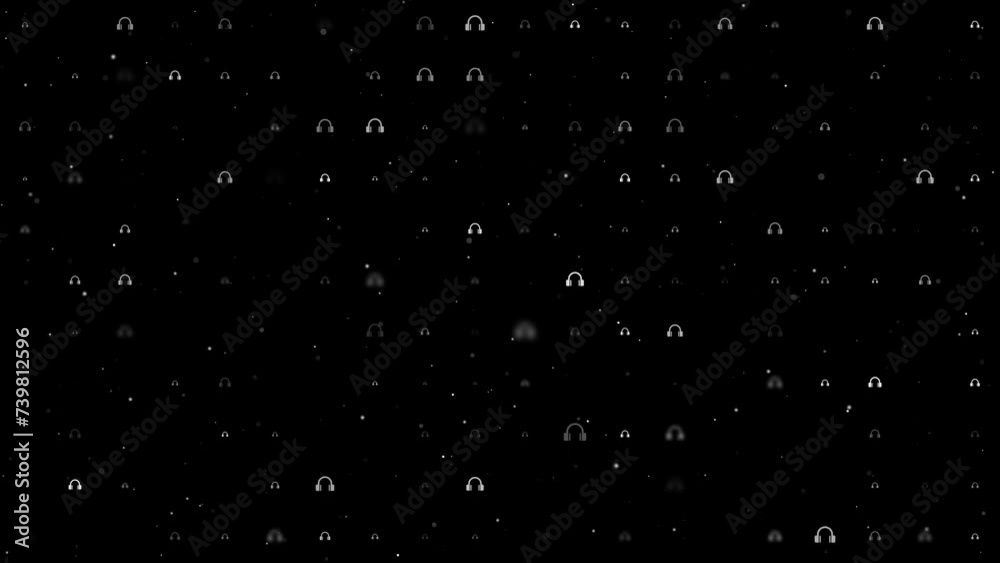 Poster template animation of evenly spaced headphones symbols of different sizes and opacity. animation of 