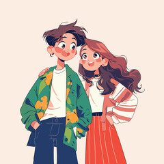 Fashion couple in retro style. Vector illustration in sketch style.