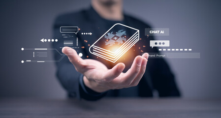 Man touch AI user manual , Artificial Intelligence,System Artificial intelligence an artificial intelligence chatbot, Digital chatbot, Robot application, conversation, command