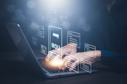 MOU - memorandum of understanding business concept, business Partner handshake nonbinding agreement that states each party's intentions to take action, conduct business transaction, new partnership.