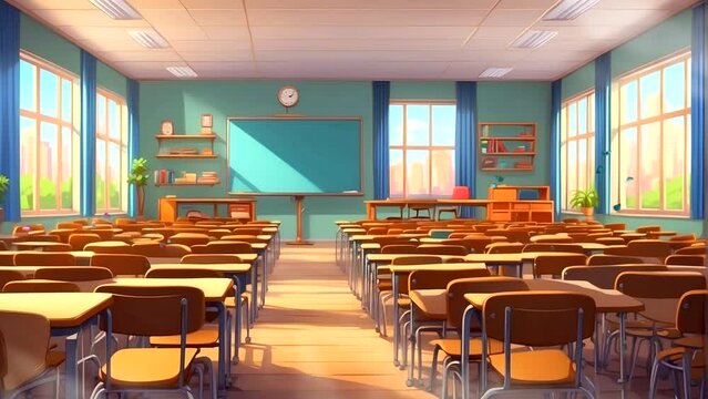 organized classroom with neat desk and chairs creates a focused learning atmosphere. Seamless looping 4k time-lapse video animation background