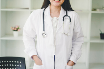 Healthcare concept. Middle-aged woman doctor in uniform