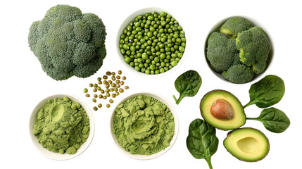 Green peas, beans, mung beans, broccoli, zucchini, avocados, isolated on transparent and white background.PNG image