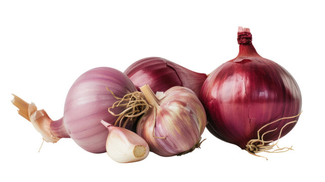 Garlic and red onion isolated on transparent and white background.PNG image