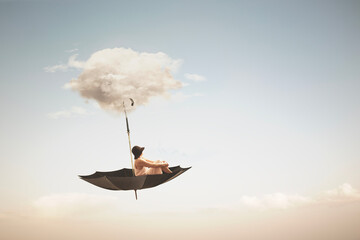 surreal umbrella carried by a cloud takes a woman to the sky, abstract concept - obrazy, fototapety, plakaty