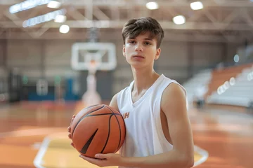 Fototapeten A young boy holding a basketball on a basketball court © dobok
