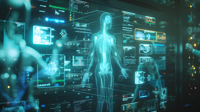 A hologram board showing human full body analysist in green color scheme, side view.