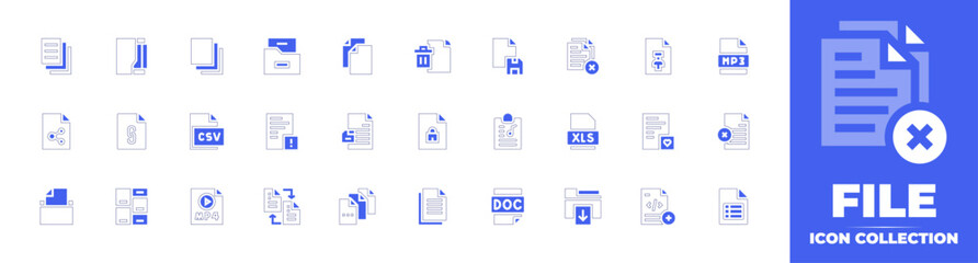 File icon collection. Duotone style line stroke and bold. Vector illustration. Containing paper, plagiarism, csv, xls file, mp file format, download file, file, delete file, files, save file, files. - obrazy, fototapety, plakaty