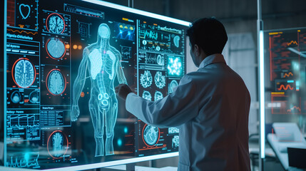 The back side of a doctor is examining a hologram board of a patient's analysis result of body and brain. Blue color scheme.