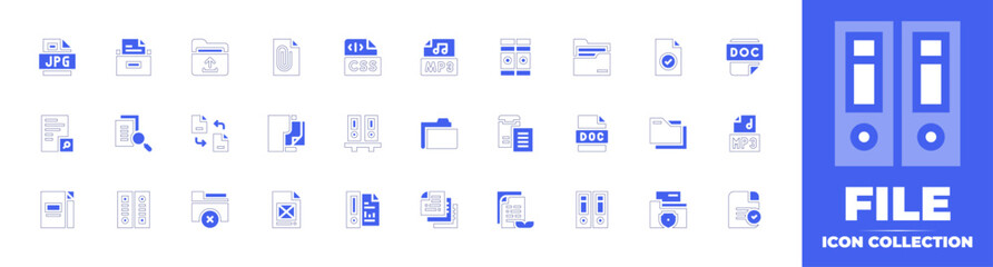 File icon collection. Duotone style line stroke and bold. Vector illustration. Containing folder, exchange, doc, remove file, file storage, jpg file, mp file, file, files, files and folders.  - obrazy, fototapety, plakaty