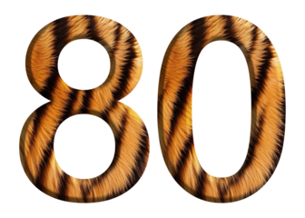 The shape of the number 80 is made of tiger fur or tiger skin isolated on transparent background. suitable for birthday, anniversary and memorial day templates