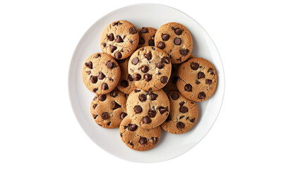 chocolate chip cookies on white plate, isolated on transparent and white background.PNG image