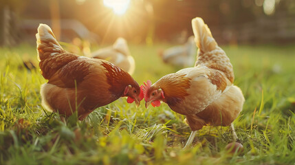 Hen and chicken outdoors eating on green grass. - obrazy, fototapety, plakaty