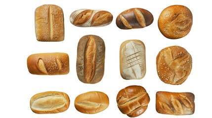 Various types of bread banners  isolated on transparent and white background.PNG image