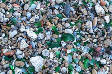 Microplastics on Sand Beach. Micro Plastics Garbage, Tiny Trash Pieces, Microplastic Waste, Dirty Shore