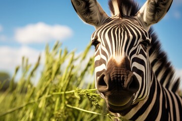 Portrait of a zebra chewing fresh plants in natural environment