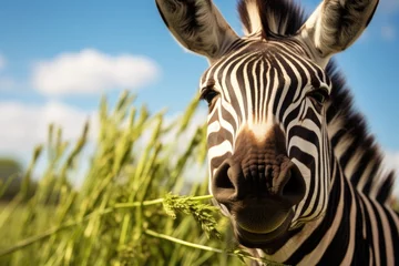 Foto op Aluminium Portrait of a zebra chewing fresh plants in natural environment © Ari