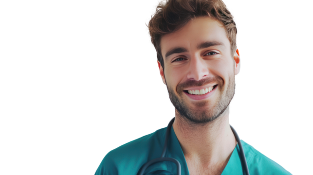 Handsome male doctor in uniform smiling isolated on transparent and white background.PNG image