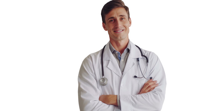 Handsome male doctor in uniform smiling isolated on transparent and white background.PNG image