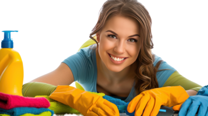 happy cleaning Lady smiling at the camera isolated on white background.