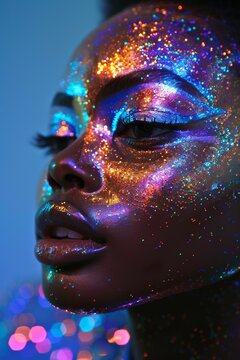 In vibrant neon blue and purple lights, a female high fashion model showcases metallic silver lips and face. Gorgeous girl sporting glowing make-up, colorful make-up, glowing make-up.
