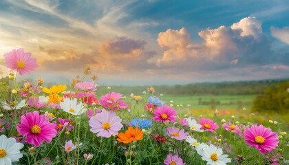 Obraz premium Beautiful colorful flowers with pastel sky and clouds background, Idyllic Meadow landscape 