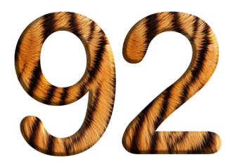 The shape of the number 92 is made of tiger fur or tiger skin isolated on transparent background. suitable for birthday, anniversary and memorial day templates