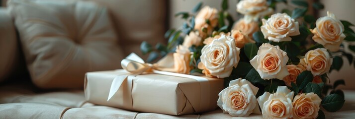 White Roses Flowers Wrapped Gift Boxes, Banner Image For Website, Background, Desktop Wallpaper