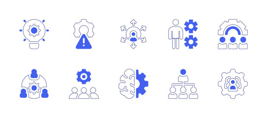 Manager icon set. Duotone style line stroke and bold. Vector illustration. Containing solution, gear, outsourcing, business people, risk management, team work, team, machine learning, hierarchy.