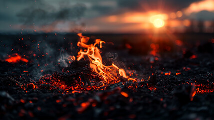 Embers and flames at sunset representing energy, warmth, danger, and the ephemeral nature of life.