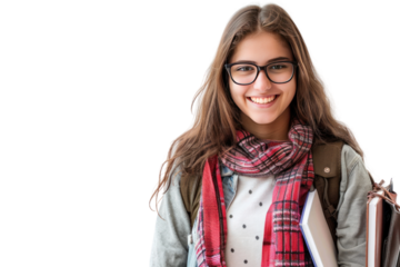 Portrait of smiling young college student with books and backpack isolated on transparent and white background.PNG image