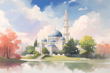 Fototapeta na wymiar Islamic mosque beautiful watercolor illustration