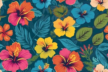 Colorful hibiscus flower with palm leaf seamless pattern for summer holidays background. - obrazy, fototapety, plakaty