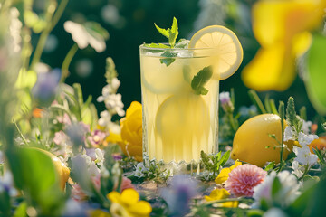 Refreshing summer drinks, lemonade, summer flowers garden background, outdoor photography,  - Powered by Adobe
