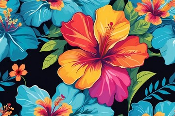 Colorful hibiscus flower with palm leaf seamless pattern for summer holidays background. - obrazy, fototapety, plakaty