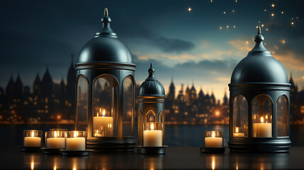 Eid ul fitr backgrounds with lightening and lanterns, Blessed Ramadan and Eid ul Adha - obrazy, fototapety, plakaty