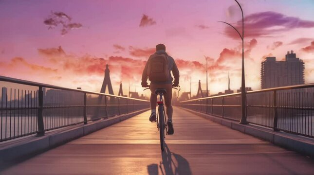 Man riding bicycle in the city street with sunset sky background illustration loop animation
