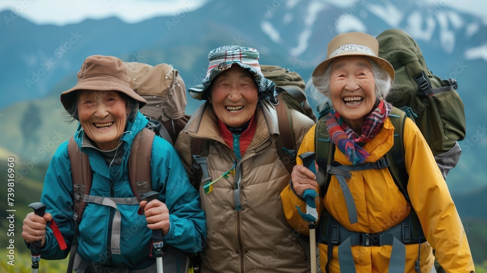 Wall mural old woman backpack trekking on mountain. generative ai