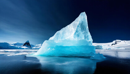 Illustration of arctic iceberg mountain landscape, ice crystal on water, glacier advertisement, blue ice cold, dark sky night